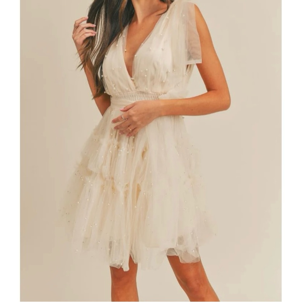 pearl tiered tulle tie shoulder dress